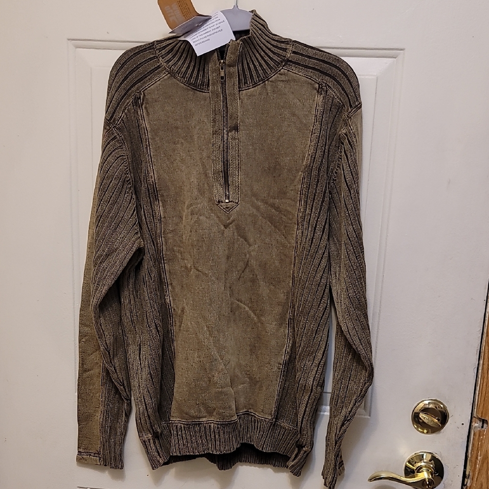 Brown Ribbed Zip Up Sweater with High Neck